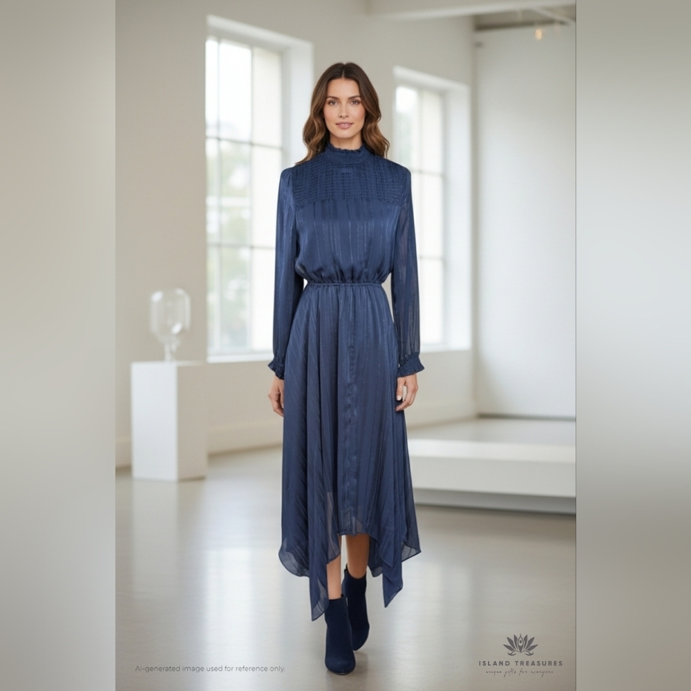 NWT Nanette Lepore Size 2 Navy Blue Asymmetrical Dress High Neck Clinched Waist - Picture 7 of 14